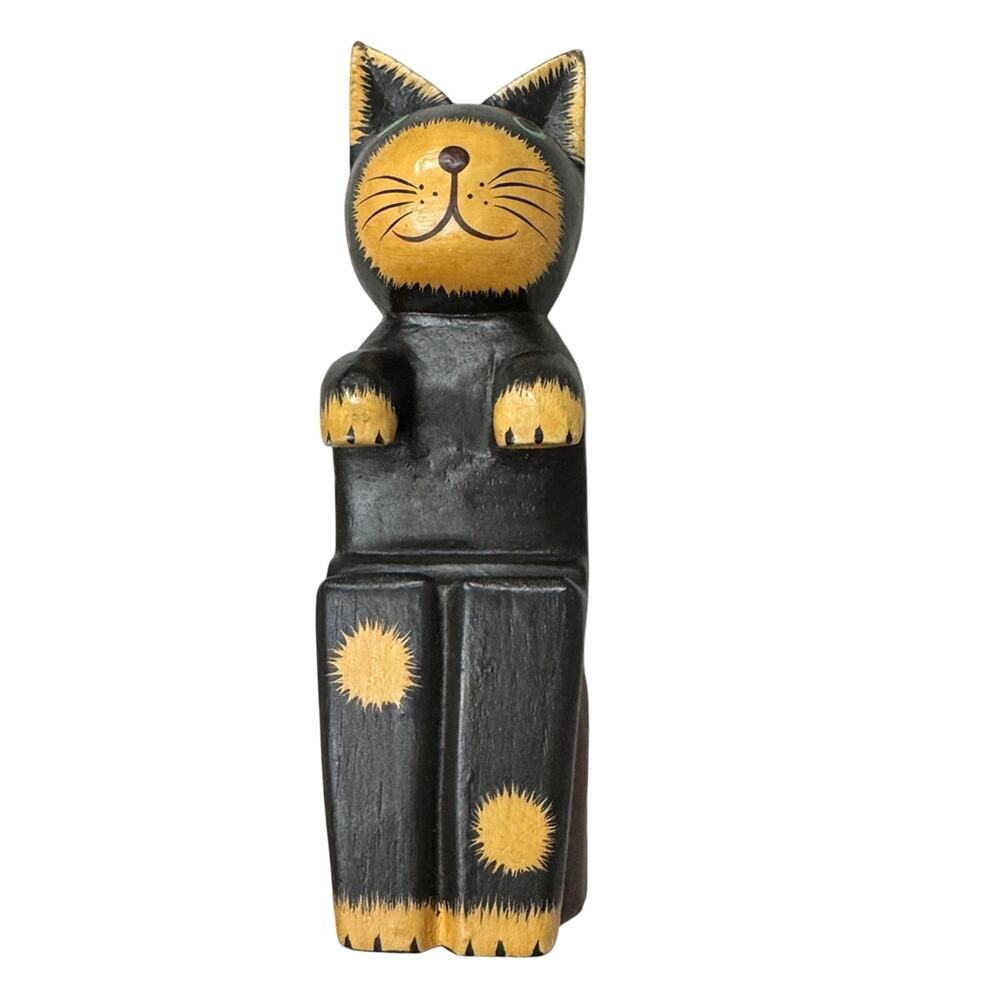 Wooden Carved Kitty Cat Black Shelf Sitter Figurine